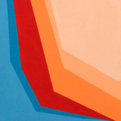 The artwork 'Spellbound' by Kati Vilim features bold geometric abstraction with angular forms in vibrant turquoise blue, crimson red, and warm coral orange, creating dynamic diagonal lines against a soft peach background. The sharp edges and layered shapes generate a magnetic visual tension in this oil on canvas painting. by Kati Vilim