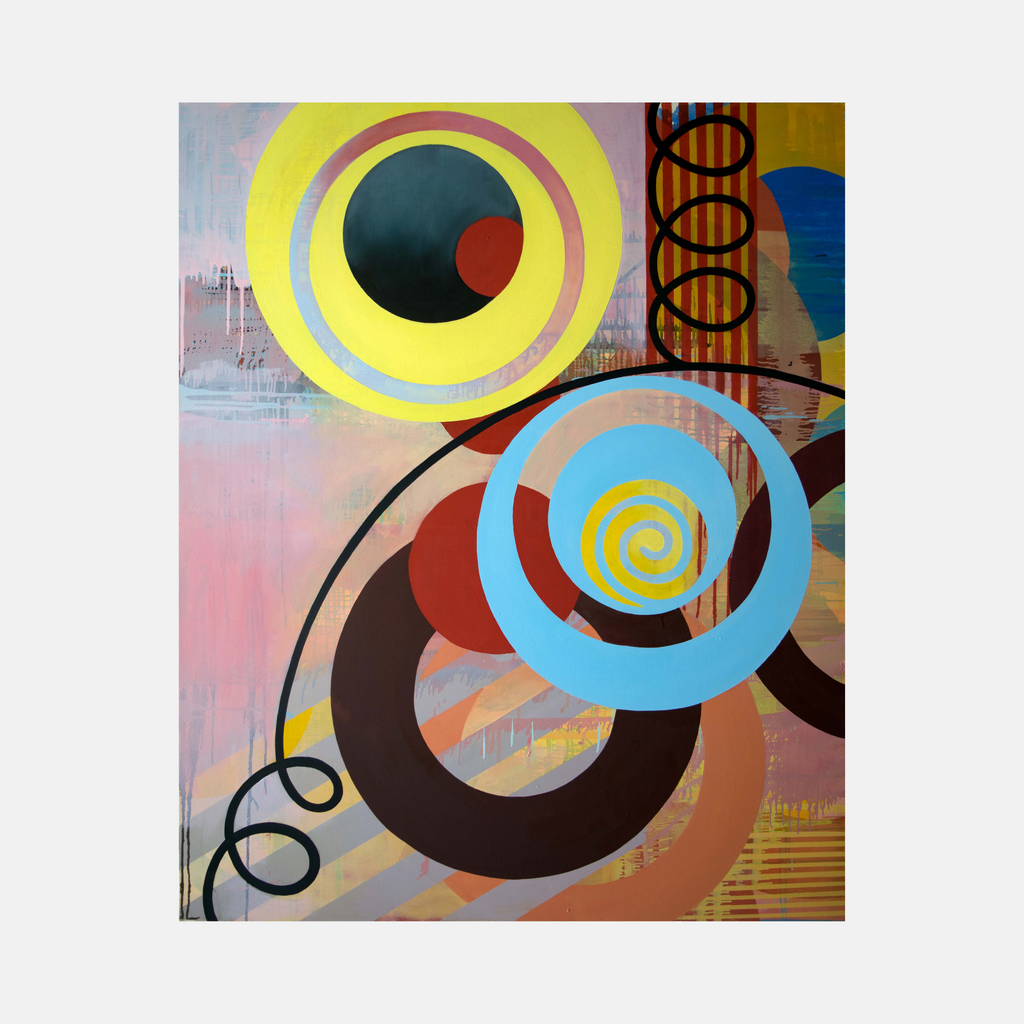 The artwork 'Spin' by Linda Schmidt features vibrant concentric circles in yellow, blue, and brown tones against a soft pink and gray background. Abstract spiral patterns and curved black lines create dynamic movement, while geometric shapes overlap to form a modern, rhythmic composition. Oil on canvas, 54x44 inches.