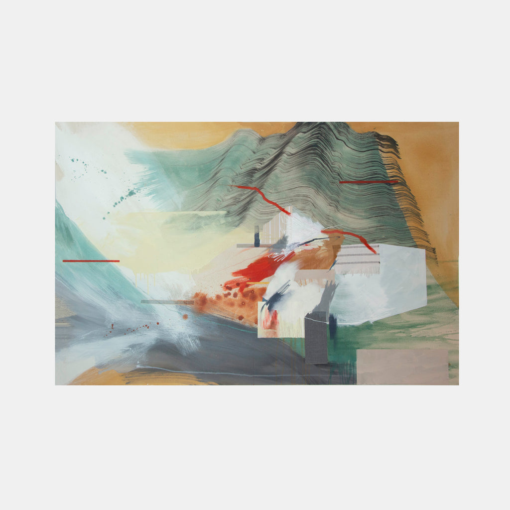 The artwork 'Spinning Stages I' by Rebecca Stern features an abstract landscape with layered turquoise mountains and geometric architectural forms in white and grey. Vibrant splashes of red and orange create dynamic movement against a misty background, while subtle green accents ground the composition. The piece combines fluid brushstrokes with sharp linear elements in a contemporary mixed media style.