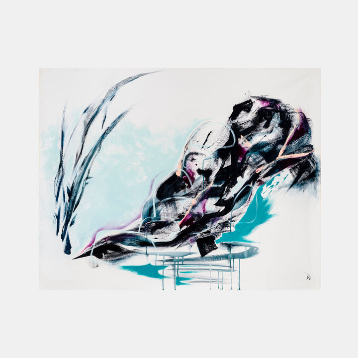 The artwork 'Spirited' by W Lu features dynamic brushstrokes in black, turquoise, and pink against a white canvas. Abstract expressionist composition shows sweeping gestural movements with dramatic contrast between dark masses and light spaces. Bold strokes suggest motion and energy through fluid forms and dripping paint techniques. 48x58 inches acrylic painting.