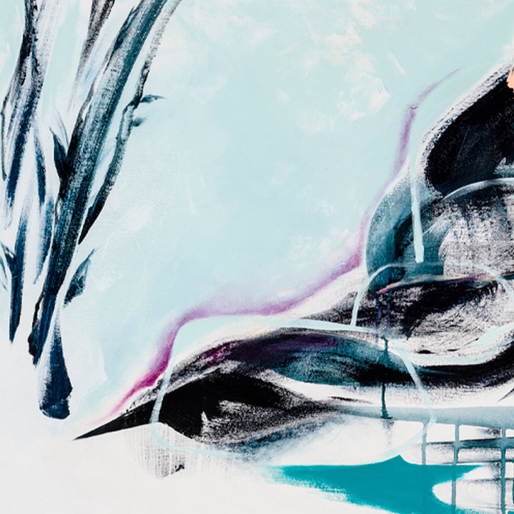 The artwork 'Spirited' by W Lu features dynamic brushstrokes in a modern abstract composition. Bold sweeps of black and teal contrast against a serene mint background, with delicate purple accents creating fluid movement. The acrylic painting combines dramatic gestural marks with ethereal elements, expressing energy and motion across the 48x58 inch canvas. By W Lu.