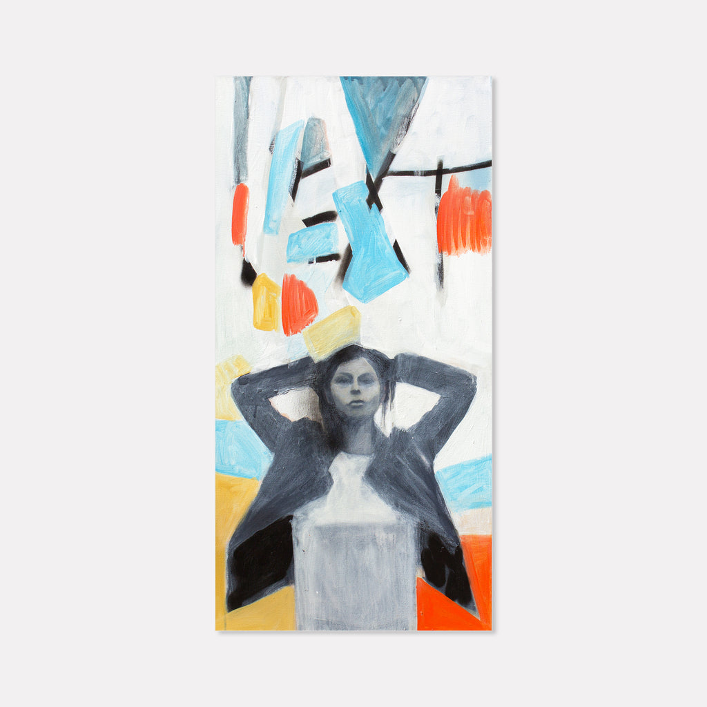 The artwork 'Spirit of NYC at Dawn' features an abstract composition with dynamic geometric shapes in light blue, vibrant orange, and yellow against a white background. A central figure in grayscale tones stands beneath floating abstract elements, creating a modern urban atmosphere. Painted in acrylic on canvas by Chris Baily.