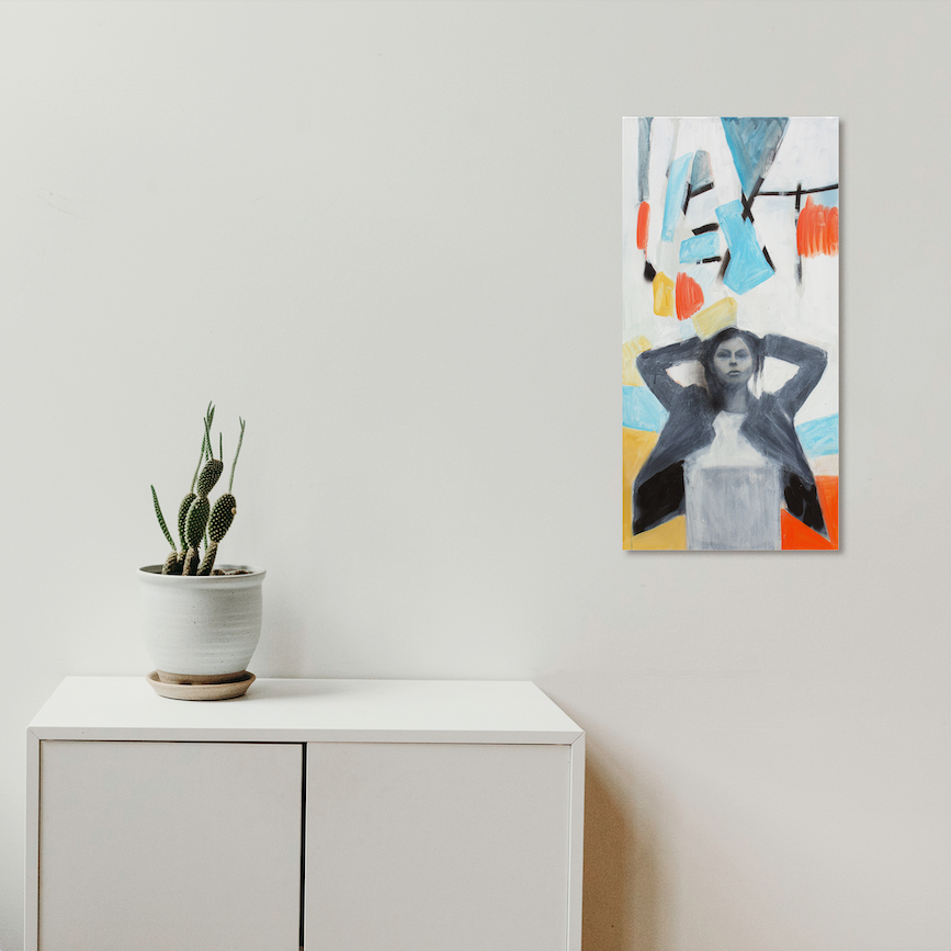 The artwork 'Spirit of NYC at Dawn' by Chris Baily features abstract geometric shapes in light blue, orange, and yellow, set against a white background. The composition showcases bold brushstrokes and gestural elements in acrylic paint, creating a dynamic urban energy on canvas. The artwork combines modernist style with vibrant color blocks and expressive forms. Original acrylic painting by Chris Baily.