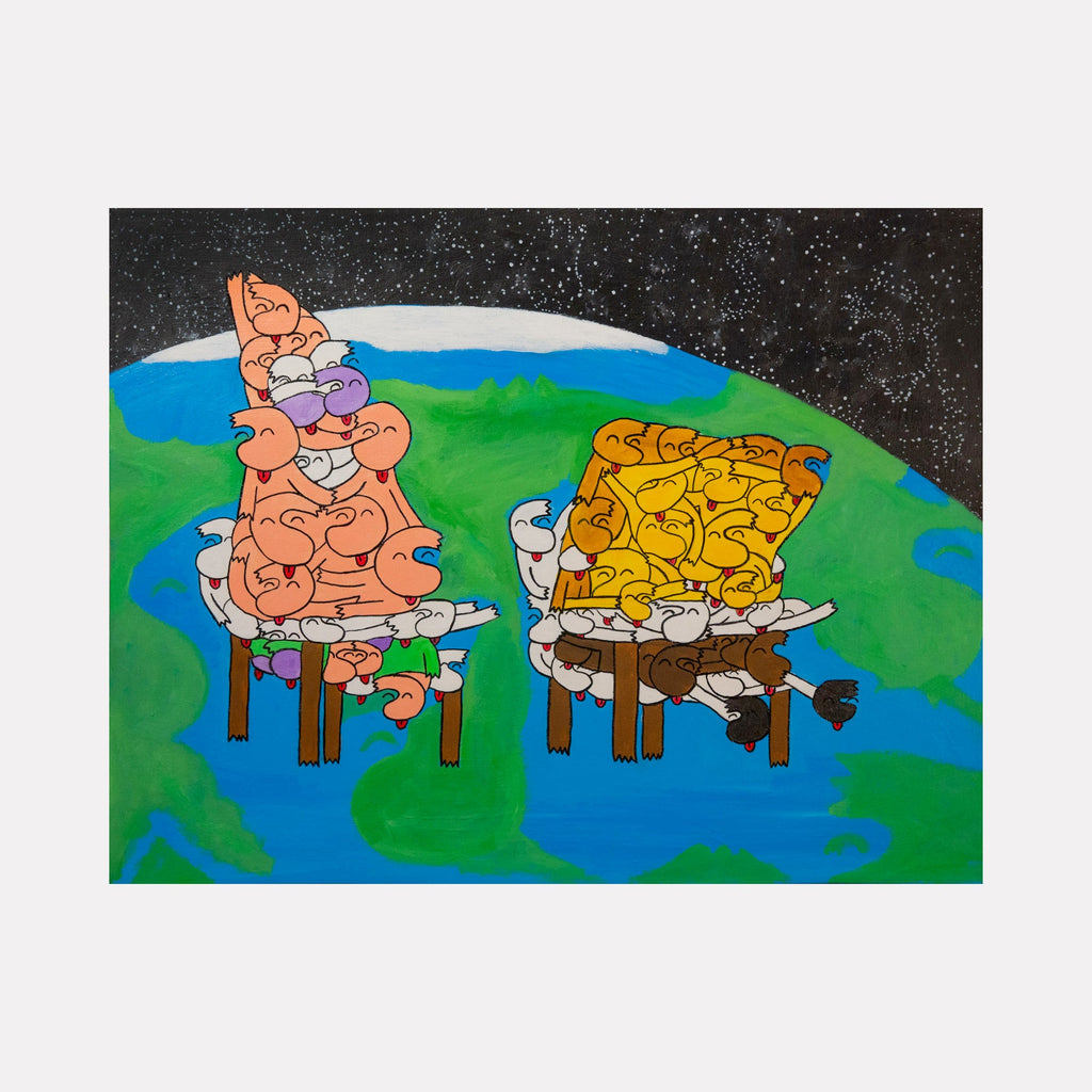 The artwork 'Spongedog and Patdog' by Andrew Psomas features two cartoon characters rendered in whimsical abstract forms, sitting on wooden stools against a vibrant Earth backdrop. The figures are depicted in salmon pink and golden yellow, painted with acrylic and oil-based markers on a 28x36 inch canvas, set against contrasting green landmasses and blue oceans with a starry black space background.