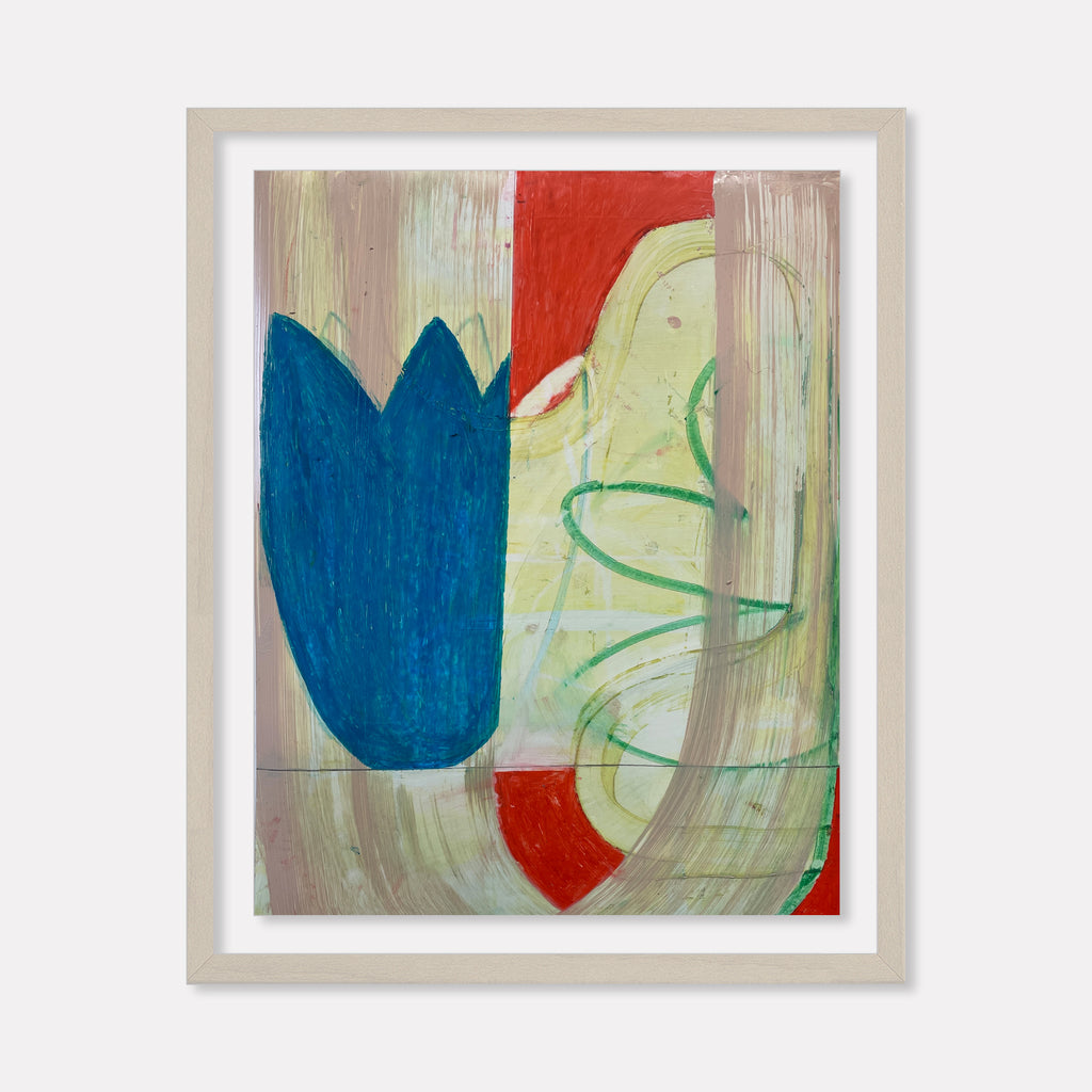 The artwork 'Spring Fling 2' by Janice La Motta features an abstract composition with a bold blue tulip-like shape against a soft beige background, accented with vibrant red segments and delicate green curved lines. Oil pastel on Yupo paper creates textural brushstrokes and semi-transparent layers, framed in light gray.