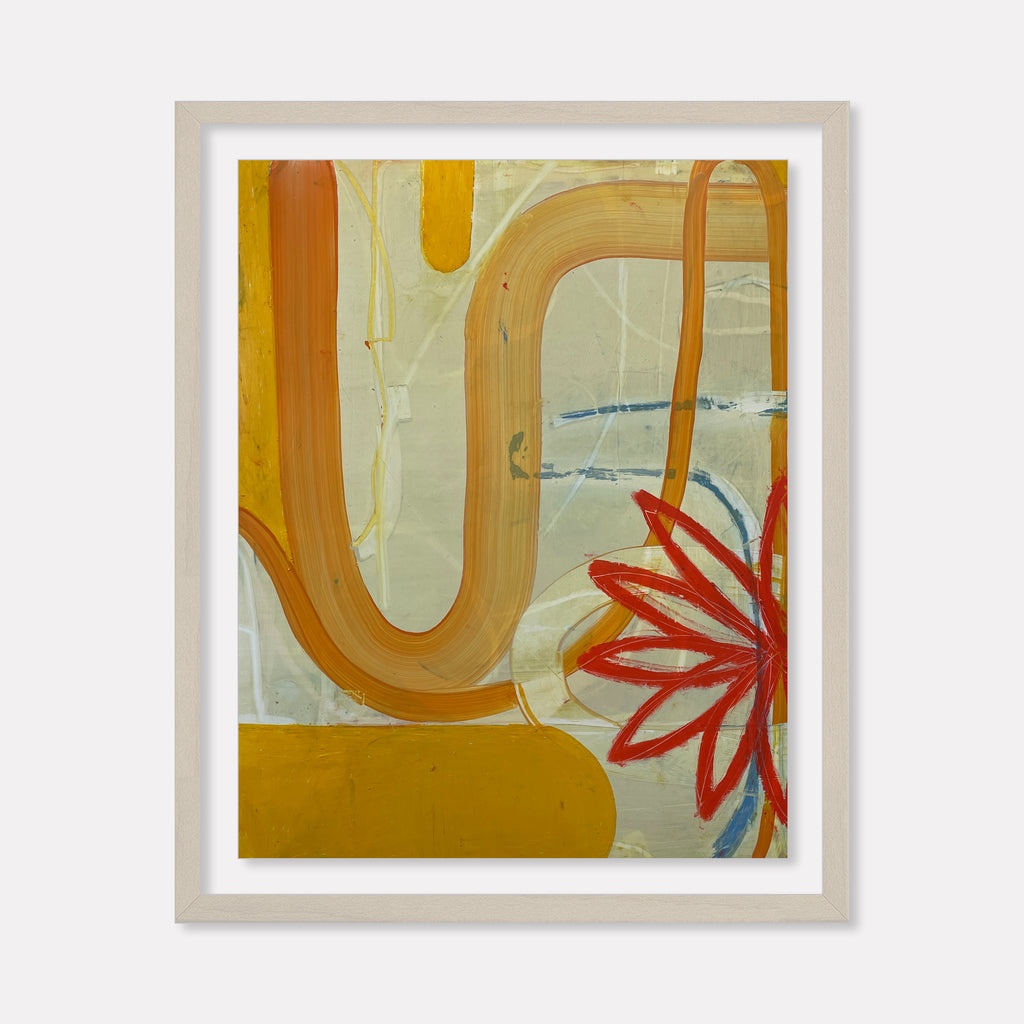 Spring Fling 3 by Janice La Motta features bold curved orange lines flowing across a pale sage background, complemented by a vibrant red abstract flower form. The oil pastel artwork on Yupo paper creates a dynamic composition with geometric shapes and organic elements, displaying a modern abstract style in warm earth tones against cool undertones.