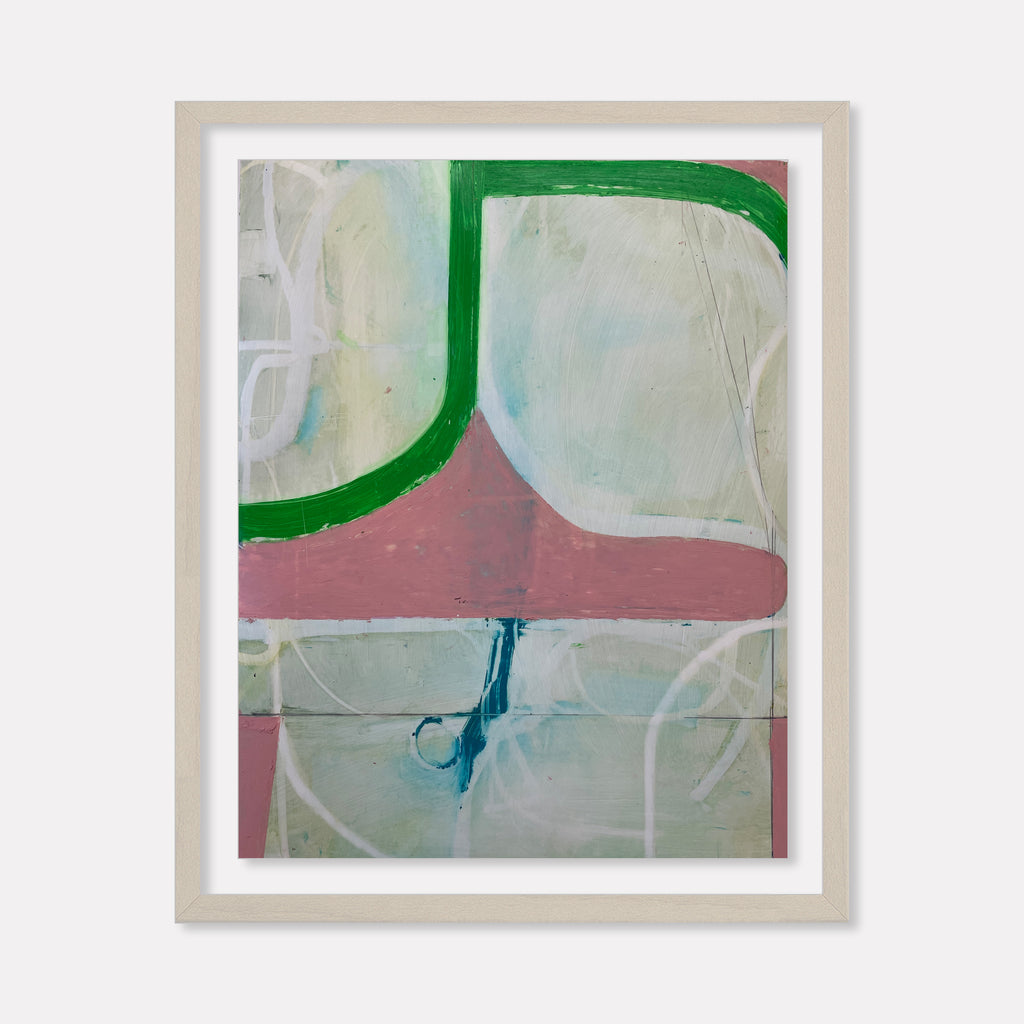 The artwork 'Spring Fling 4' by Janice La Motta features abstract geometric shapes with a bold green curved line against a soft white background, intersected by a horizontal pink band. A subtle blue accent mark creates depth while ethereal white circular forms float throughout the composition, rendered in oil pastel on Yupo paper. By Janice La Motta.