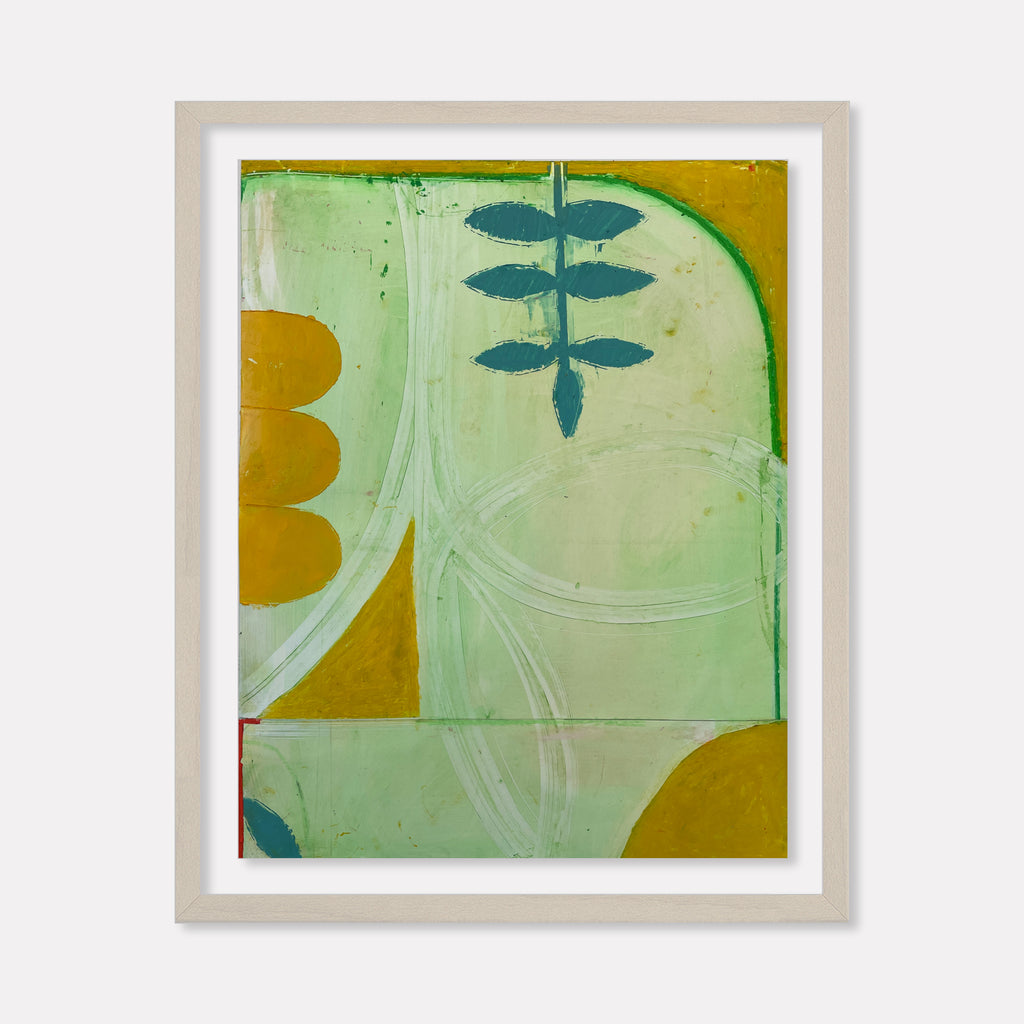 The artwork 'Spring Fling 5' by Janice La Motta features an abstract composition with organic shapes in mint green and golden yellow. A stylized blue-green botanical form resembling fern leaves appears against a soft sage background. Curved lines and geometric segments create a modernist design. Oil pastel on Yupo paper creates subtle texture and translucent effects.