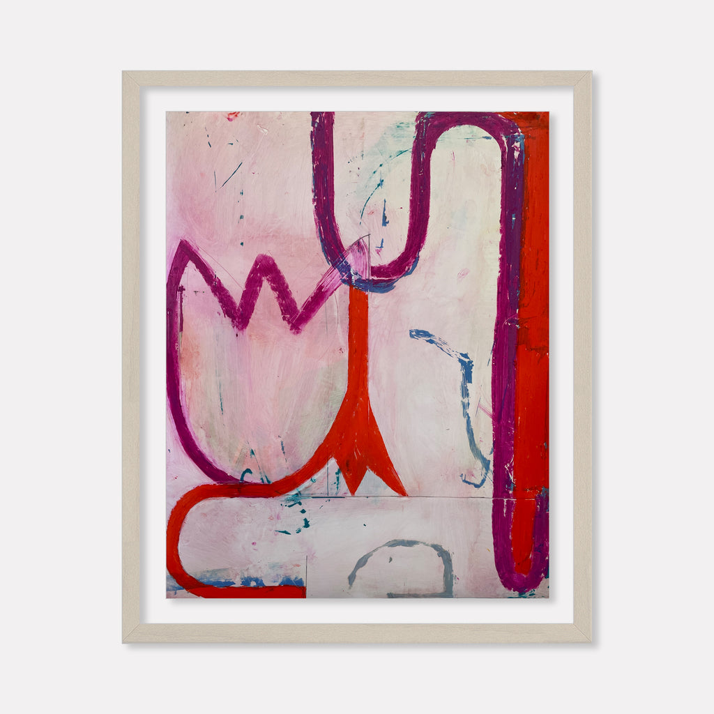 Spring Fling 6 by Janice La Motta features bold, abstract shapes in vibrant magenta and red against a soft pink background. The oil pastel artwork on Yupo paper showcases curved linear forms reminiscent of tulips or spring flowers, with subtle blue spatters creating dynamic movement throughout the 14x11 inch composition.
