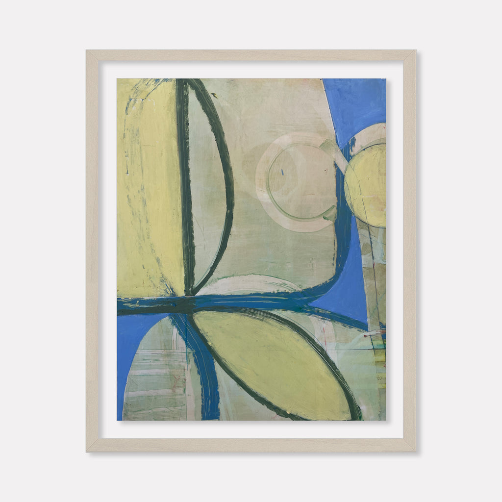 Spring Fling 7 by Janice La Motta features abstract geometric shapes in soft yellow-green and vibrant blue, with curved lines creating a petal-like form. The oil pastel artwork on Yupo paper showcases organic shapes with bold outlines, suggesting a modern interpretation of natural elements. The composition balances muted sage tones with bright cobalt accents.