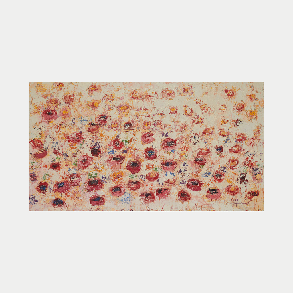 The artwork 'Spring Wants to Say Something' by Ayane Kurai features a delicate field of abstract floral forms in coral, pink, and deep red hues scattered across a cream-colored canvas. The oil painting showcases loose, impressionistic brushstrokes creating a dreamy pattern of blooms, suggesting the awakening of springtime flowers. The composition spans 65 inches wide by 36 inches high.