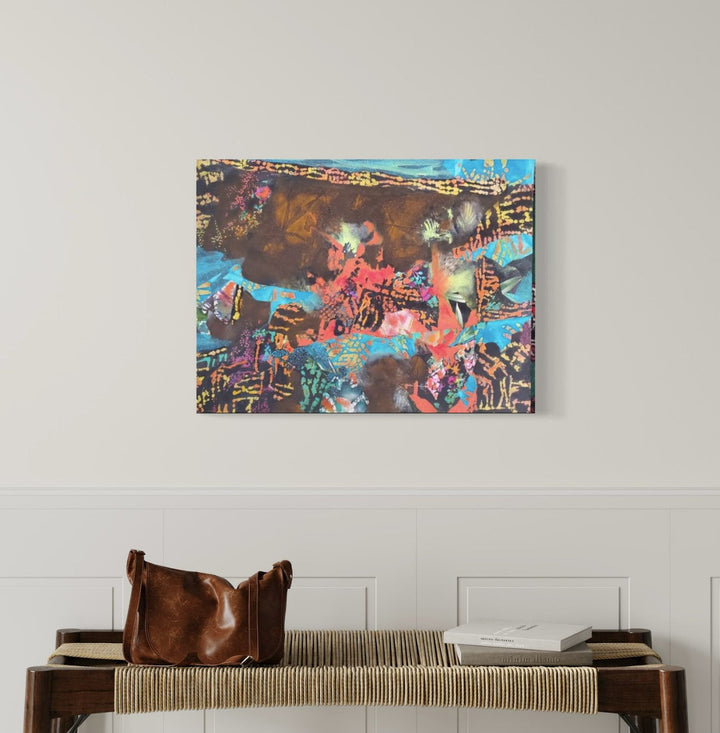 The artwork 'Spring Sleding' by James Ehling features a vibrant abstract composition combining acrylic and fabric. The piece showcases dynamic swirls of coral pink and turquoise blue, with earthy brown undertones creating depth. Abstract geometric patterns and textural elements dance across the canvas, while layered mixed media techniques create a compelling visual narrative on an 18x24 inch canvas.