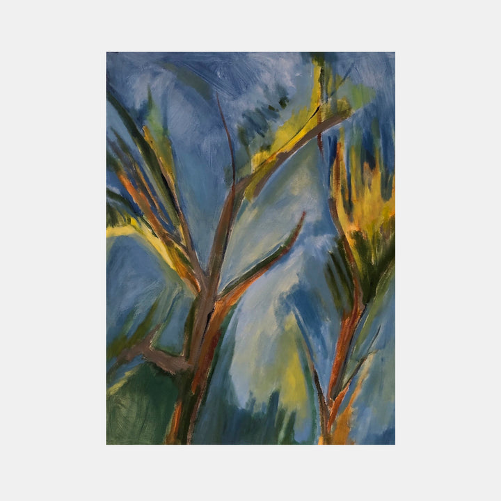 The artwork 'Spring in the Springs' by Beth Barry features an abstract expressionist painting depicting dynamic tree branches in vibrant yellow and brown against a swirling blue sky. Bold brushstrokes create movement through flowing forms, while contrasting warm and cool tones evoke a sense of springtime energy. Acrylic on canvas, 24x18 inches. By Beth Barry.