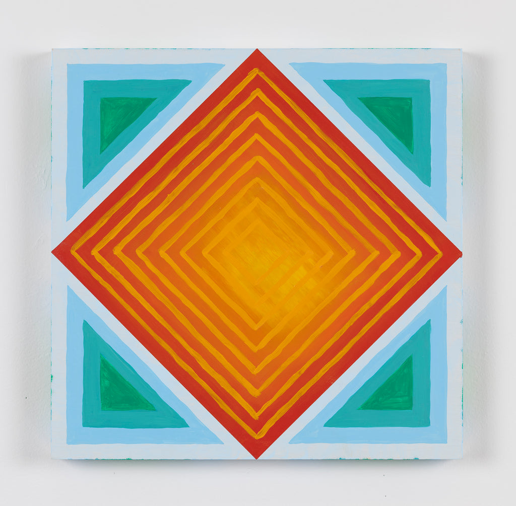 The artwork 'Square Loop' by Amber Heaton features a striking geometric composition with a vibrant orange-red diamond at center, surrounded by concentric squares creating an optical depth effect. Four turquoise triangular corners complement the central diamond, all set against a soft blue background. Created in acrylic on 12x12 inch panel.