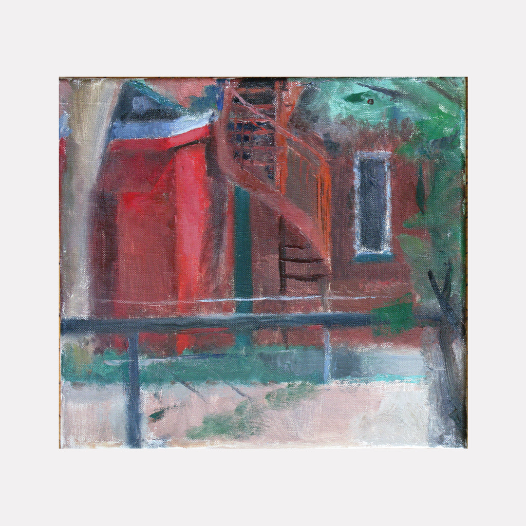 The artwork 'St. Jacques Park' by Peter Colquhoun depicts an abstract urban scene with a rustic red building featuring a spiral staircase and rectangular window. The composition blends deep reds with muted turquoise and green tones, creating a moody atmosphere through loose brushstrokes and textural oil paint on linen.