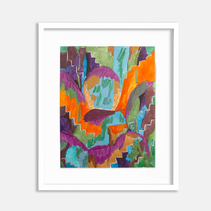 The artwork 'Stairway' by Winnie Sidharta features abstract geometric patterns in vibrant watercolors, showcasing stepped angular forms in orange, purple, and turquoise. Bold brushstrokes create dynamic movement across the composition, with jagged lines and curved elements interweaving against green accents, presented in a white frame.