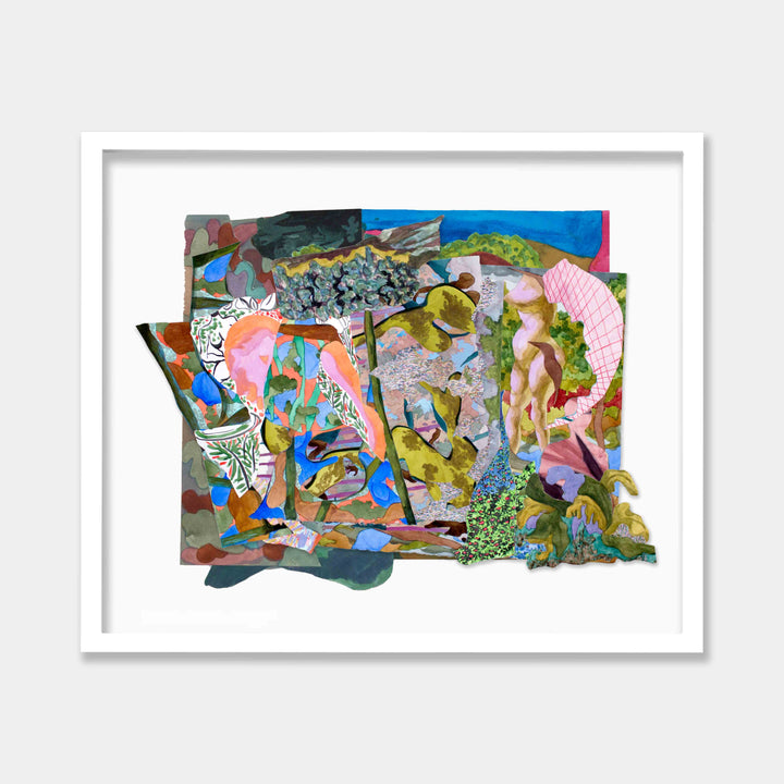 The artwork 'Stand Still' by Winnie Sidharta features a vibrant collage of watercolor paintings merging abstract forms and organic shapes. Pink, blue, green, and olive tones interweave across the composition, creating a dynamic landscape of layered textures. Delicate patterns and fluid brushstrokes combine with geometric elements in this 22x33 inch piece, showcasing a harmonious blend of structured and free-flowing artistic elements.