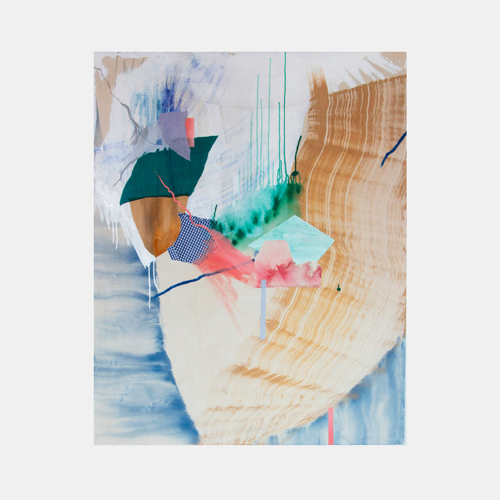 The artwork 'Standing on Hope and a Little Bit of Faith' by Rebecca Stern features an abstract composition with delicate watercolor washes in blue, teal, and coral pink. Geometric shapes and textural elements float across a beige background with woodgrain-like patterns. Dripping effects and translucent layers create a dynamic, ethereal aesthetic in this 60x48 inch piece.