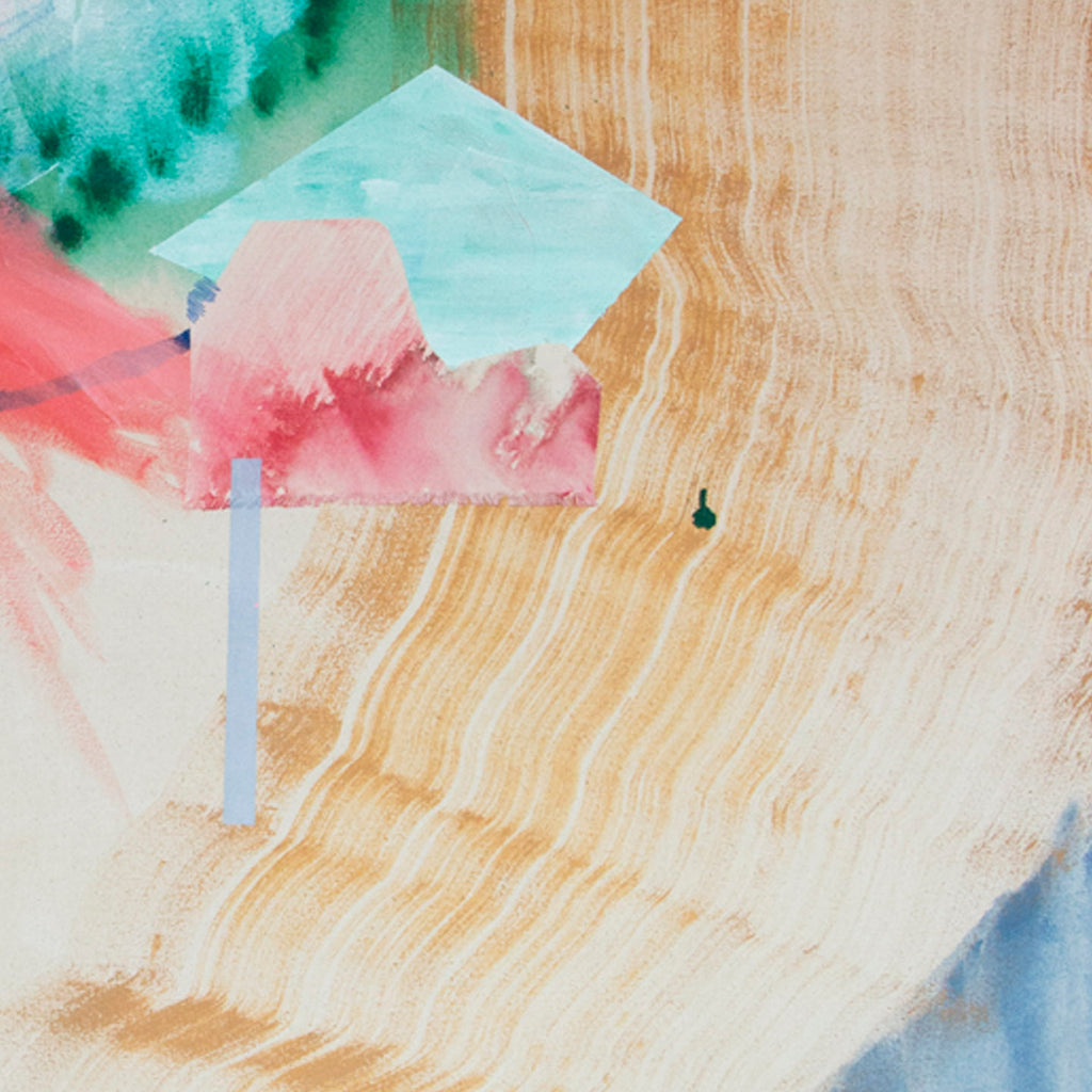 The artwork 'Standing on Hope and a Little Bit of Faith' by Rebecca Stern features ethereal watercolor brushstrokes in soft turquoise, coral pink, and sandy beige tones. Abstract geometric shapes float across a textured background with flowing wave-like patterns. The 60x48 inch piece showcases delicate color transitions and translucent layering techniques characteristic of contemporary watercolor art by Rebecca Stern.