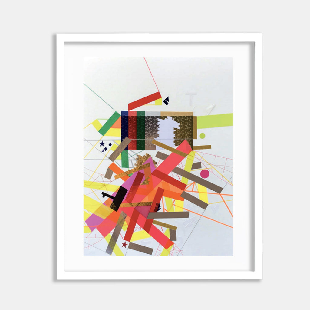 The artwork 'Starr-Spangledd 1' by Philippe Halaburda features an abstract geometric composition with intersecting angular shapes in vibrant coral, yellow, and green tones. Dynamic lines and collaged elements create a sense of movement, while brown textured segments add depth. The mixed media piece combines acrylic paint, felt tip markers, and paper collage on a light background.
