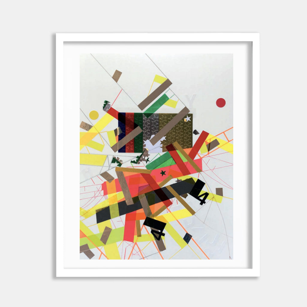 Starr-Spangledd 4 by Philippe Halaburda features an abstract geometric composition with dynamic intersecting shapes in vibrant red, yellow, green, and black. The collage technique combines sharp angular forms with delicate pencil lines, creating an explosive burst of colors radiating from the center. Mixed media artwork incorporating acrylic paint, felt-tip markers, and paper elements by Philippe Halaburda.