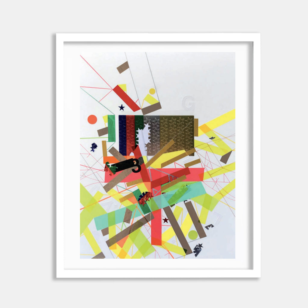 The artwork 'Starr-Spangledd 5' by Philippe Halaburda features an abstract geometric composition with dynamic intersecting lines and shapes. Bold coral red strips contrast with neon yellow angular forms, accented by olive green elements and a textured brown collage piece. Black stars and scattered geometric patterns create movement across a white background. Mixed media artwork combining acrylic, felt tip, and paper collage. By Philippe Halaburda