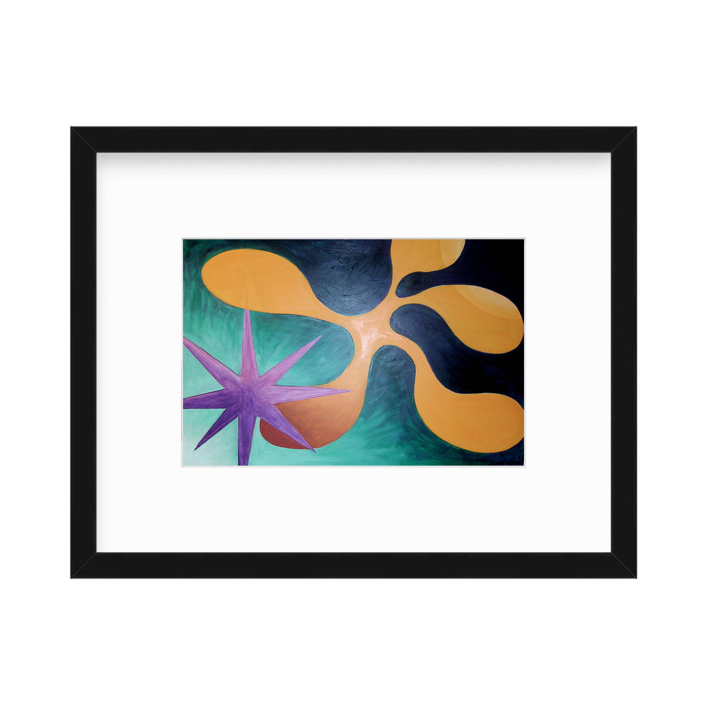 The artwork 'Stars' by Fred Bendheim features bold abstract shapes including a vibrant purple star against a dynamic composition of curved golden forms set on a deep teal background. The oil on canvas piece showcases flowing organic elements with sharp geometric contrasts, creating a harmonious balance between soft and angular shapes. By Fred Bendheim.