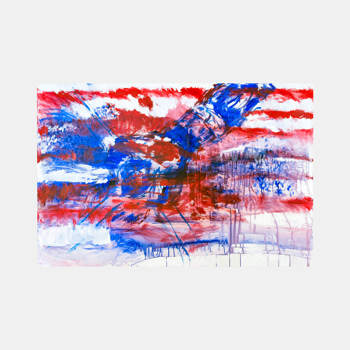 The artwork 'Stars and Stripes 2020' by Camilla Webster features bold, expressive brushstrokes in patriotic red, white, and blue hues. Abstract drips and sweeping gestures create a dynamic interpretation of the American flag on acrylic canvas, with energetic paint splatters and fluid motion suggesting movement and emotion.