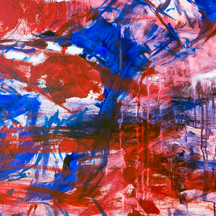 The artwork 'Stars and Stripes 2020' by Camilla Webster features bold, dynamic brushstrokes in patriotic red, white, and blue. Abstract expressionist composition with energetic sweeping movements, drip effects, and textured acrylic paint on canvas creates a modern interpretation of American colors. Dramatic contrasts between vibrant royal blue and crimson red dominate the 42x62 inch canvas.