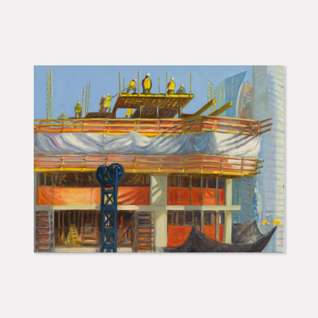 The artwork 'Starting the 16th Floor' by Gwyneth Leech depicts a construction site with workers in safety gear positioned atop steel beams and scaffolding. Vibrant orange and yellow tones contrast against a pale blue sky, while architectural elements including metal framework and temporary flooring create a dynamic urban composition. Oil on wood panel captures the raw energy of building development.