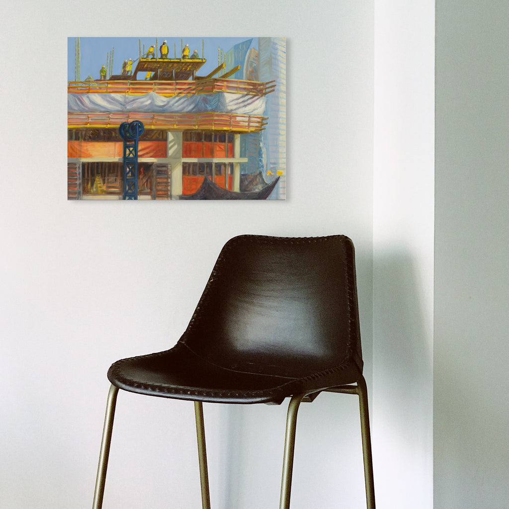 The artwork 'Starting the 16th Floor' by Gwyneth Leech captures an urban construction scene in vibrant oils on wood panel. The composition features exposed steel beams in warm orange tones against a misty blue cityscape background. Construction details and architectural elements are rendered in bold brushstrokes, showing the raw energy of building development in progress.