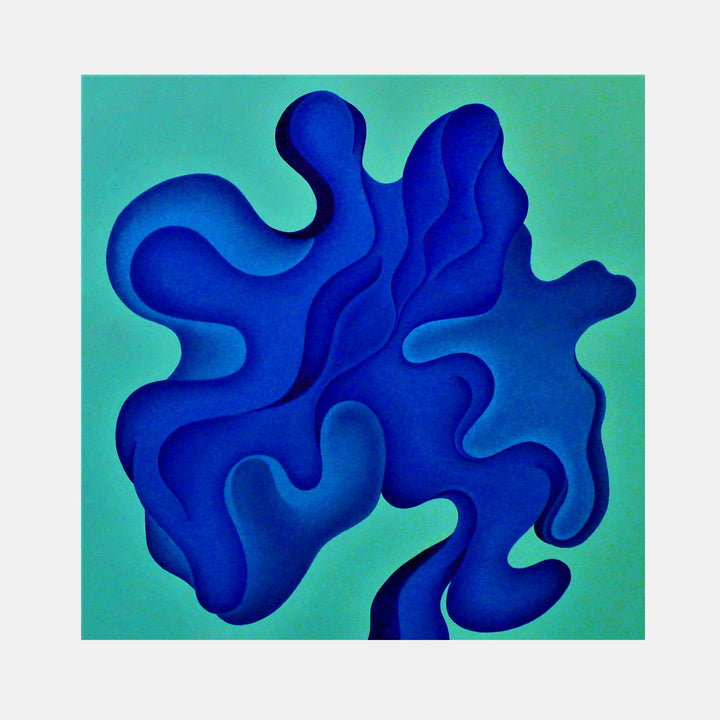 The artwork 'Stemwinder' by Joe Piscopia features an abstract organic form in deep cobalt blue set against a mint green background. The composition showcases flowing, curved shapes with layered depth effects, creating a dynamic three-dimensional appearance. The acrylic painting's fluid forms suggest natural movement and biomorphic elements, executed in a minimalist modern style.
