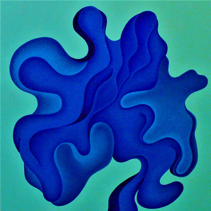 The artwork 'Stemwinder' by Joe Piscopia features an abstract composition with fluid, organic shapes in deep cobalt blue against a vibrant turquoise background. The painting showcases undulating curves and wavelike forms that create a sense of movement and depth through layered shadows, rendered in acrylic on a 10x10 inch canvas.