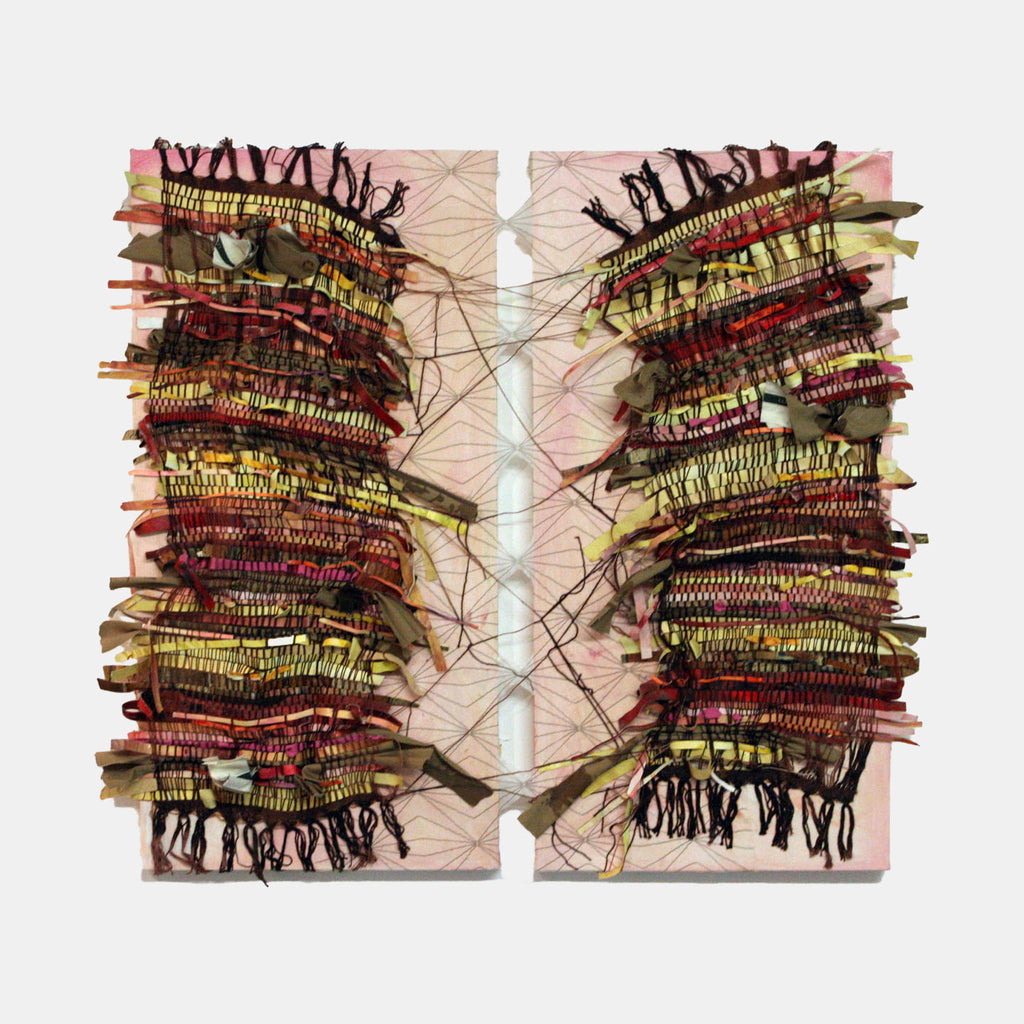 The artwork 'Still Holding On' by Christina Massey features a striking symmetrical composition of layered textile elements in burgundy, olive, and black. Woven yarn creates intricate patterns across two vertical panels, connected by delicate threading. The mixed-media piece combines acrylic paint, canvas, and repurposed khaki fabric, creating rich textural depth through frayed edges and intentional distressing.