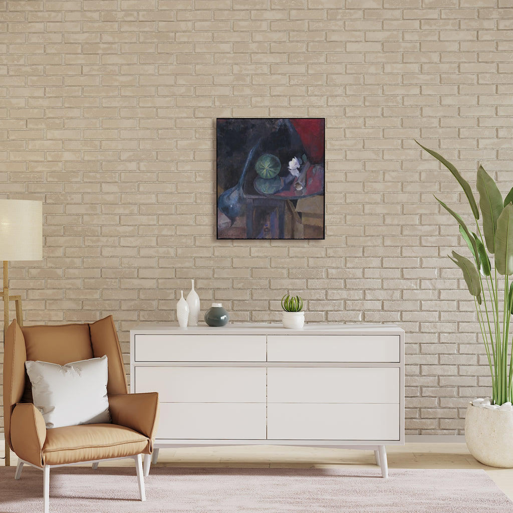 The artwork 'Still Life with Melon' by Peter Colquhoun features a moody composition with a green striped melon and delicate white flowers arranged on a dark table against a dramatic red and black background. The oil painting on linen showcases rich textural brushwork and a contemplative play of light and shadow in modernist style.