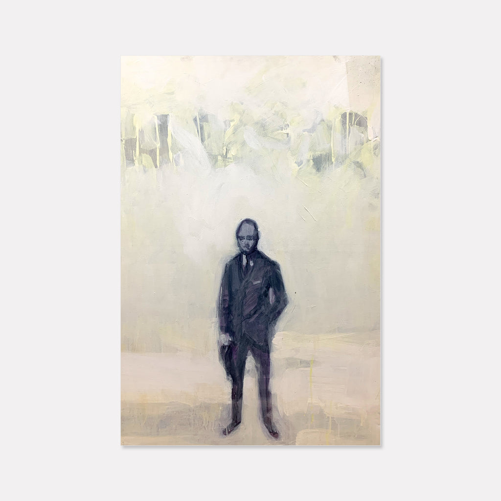 The artwork 'Stranger IV' by Chris Baily features a solitary silhouette against a minimalist background, rendered in muted tones of grey and cream. The atmospheric composition combines loose brushstrokes and textural acrylic techniques, creating a dreamlike ethereal quality. The abstract landscape setting is suggested through soft, vertical strokes in pale sage and ivory.