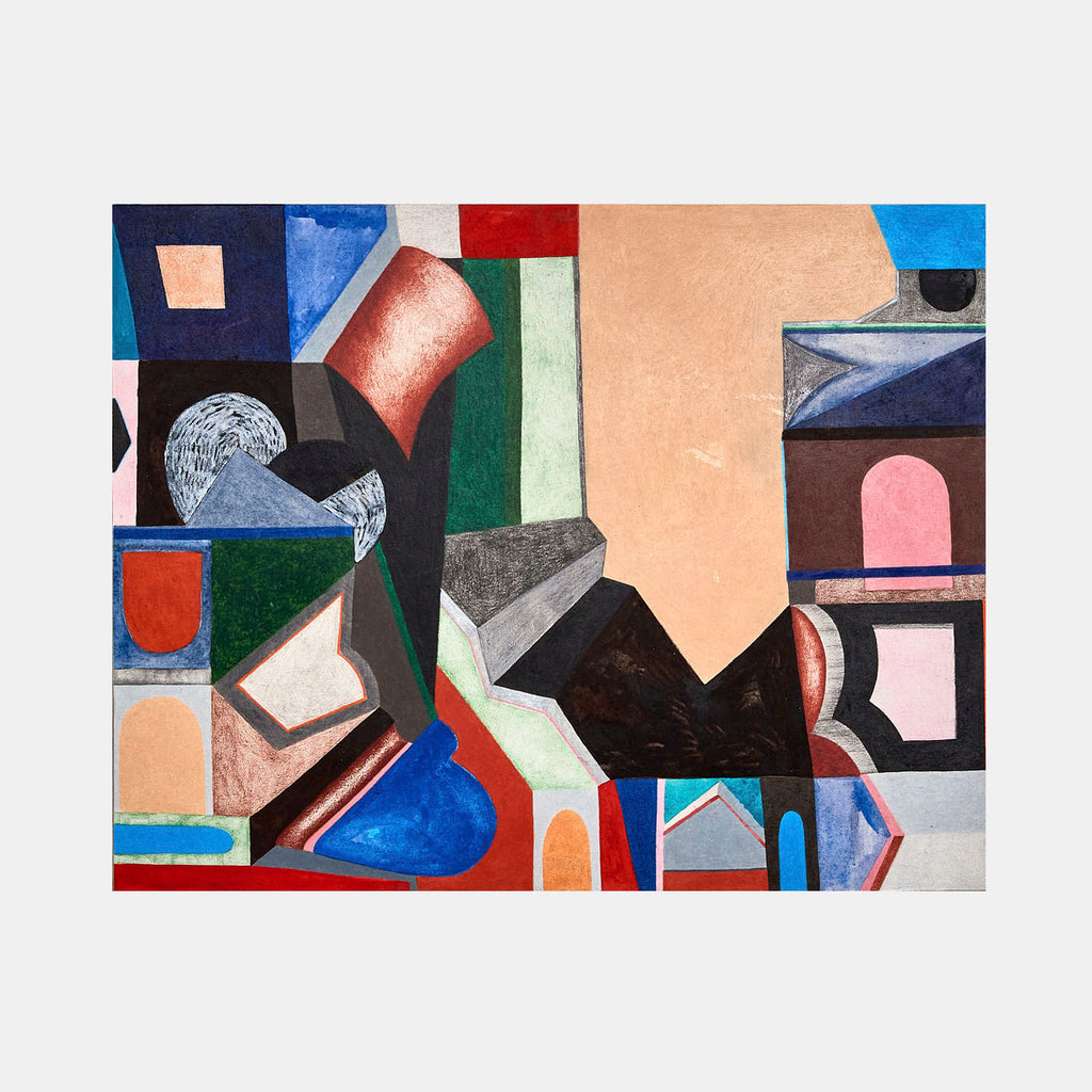The artwork 'Structure' by Sasha Hallock features an abstract geometric composition with bold angular shapes and architectural forms. Vibrant colors including deep blues, coral pink, black, and mint green create a dynamic interplay. The mixed media piece showcases overlapping geometric elements, blocks, and angular forms arranged in a modernist style on paper mounted on wood. by Sasha Hallock