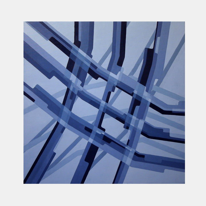 The artwork 'Structure II' by Kati Vilim features intersecting geometric lines and shapes in varying shades of blue, creating a dynamic abstract composition. Bold diagonal stripes overlap in a grid-like pattern, with lighter and darker blue tones creating depth and dimension on the oil canvas panel. The minimalist design suggests architectural elements and spatial relationships.