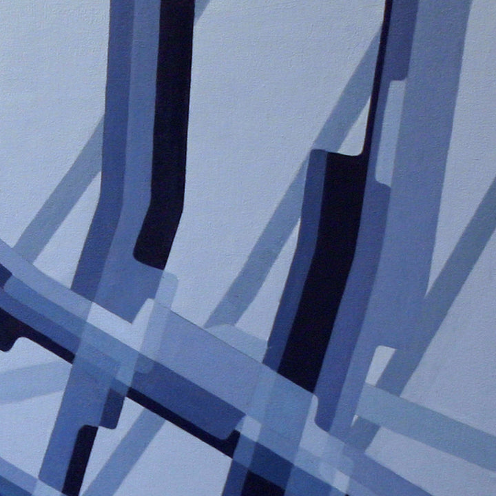 The artwork 'Structure II' by Kati Vilim features a geometric abstract composition with intersecting angular lines in varying shades of blue against a light background. The painting creates a dynamic architectural feel through overlapping transparent shapes and bold diagonal strokes, executed in oil on canvas panel with precise, clean edges.