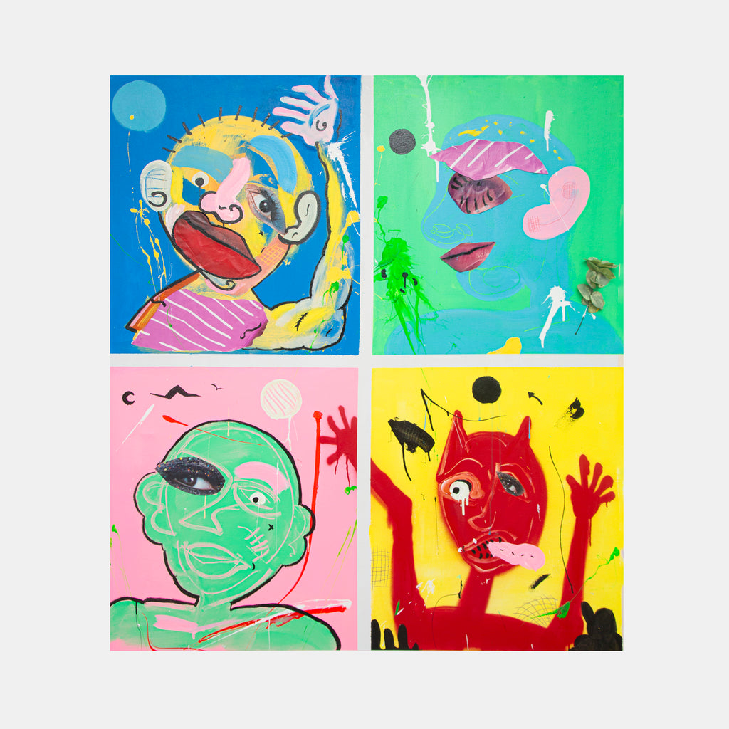 The artwork 'Stuck in the Corners' by Cavier Coleman features a vibrant four-panel composition with expressive abstract figures in bold, contrasting colors. Each quadrant showcases a distinct character rendered in energetic brushstrokes: blue and yellow, green and pink, mint green on pink, and red on yellow. The mixed-media piece combines acrylic, enamel, and paper collage elements with dynamic gestures and splatter effects on canvas.