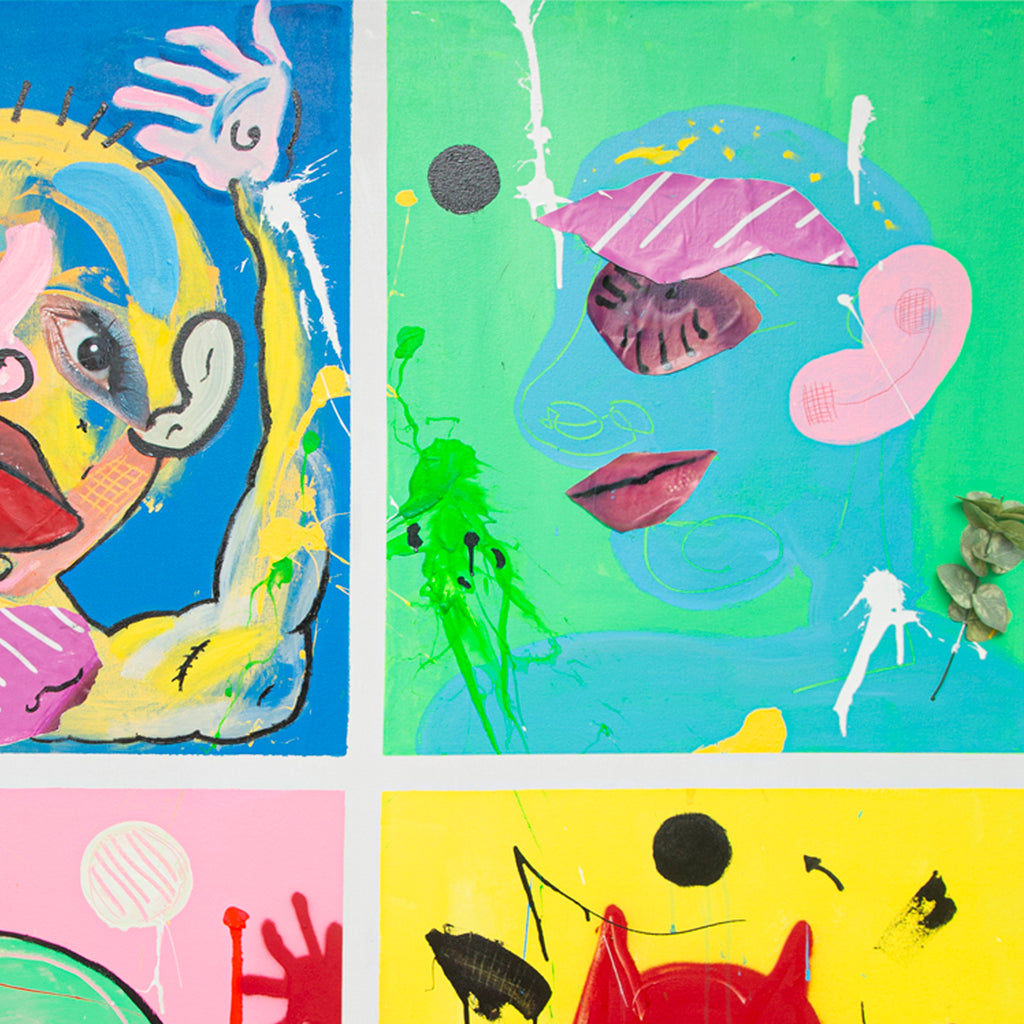 The artwork 'Stuck in the Corners' by Cavier Coleman features a vibrant four-panel composition combining abstract and pop art elements. Each panel showcases bright, playful colors including electric blue, neon green, pink, and yellow, with expressive brushstrokes and paper collage elements. The piece incorporates whimsical abstract forms, splatter effects, and bold graphic elements on a 60x48 inch canvas.