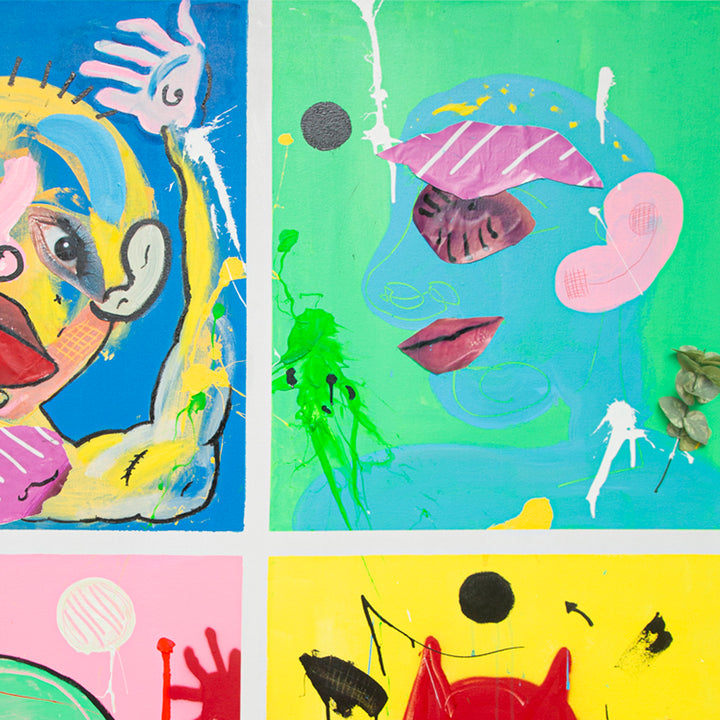 The artwork 'Stuck in the Corners' by Cavier Coleman features a vibrant four-panel composition combining abstract and pop art elements. Each panel showcases bright, playful colors including electric blue, neon green, pink, and yellow, with expressive brushstrokes and paper collage elements. The piece incorporates whimsical abstract forms, splatter effects, and bold graphic elements on a 60x48 inch canvas.
