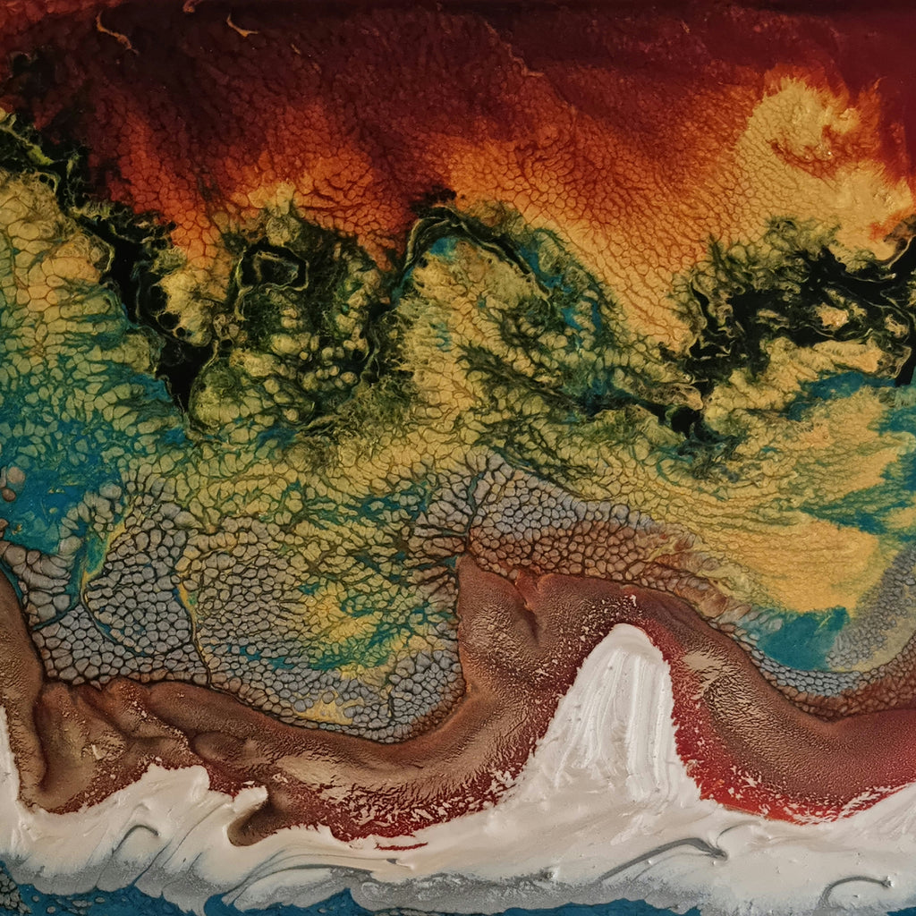 The artwork 'Study 141' by Sabrina Puppin features abstract fluid waves in vibrant teal, rust, and golden yellow, with a dramatic white surge at the bottom. The synthetic glazes on wood create a textured, marbled effect reminiscent of aerial coastal views, with rich color transitions and organic patterns that suggest natural landscapes or seascapes. By Sabrina Puppin.