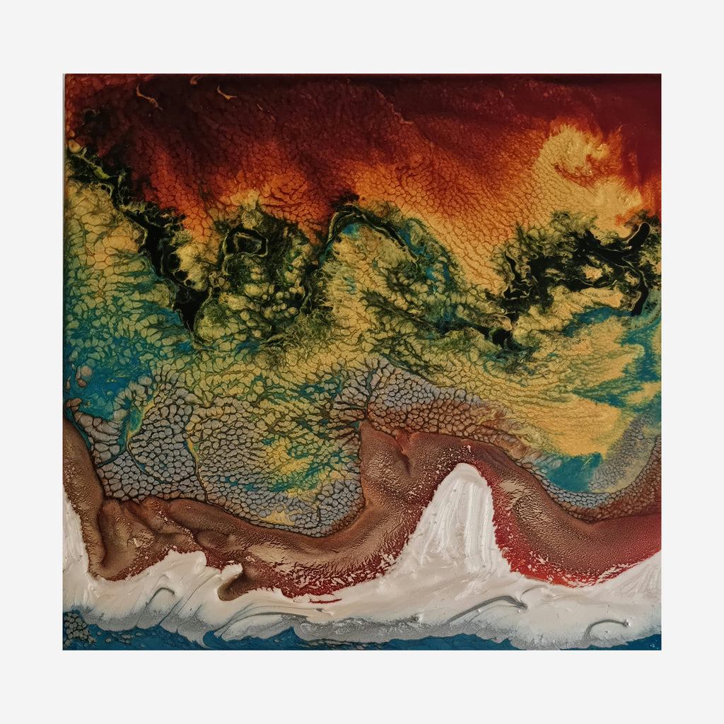 The artwork 'Study 141' by Sabrina Puppin features a striking abstract landscape with fluid layers of synthetic glazes on wood. Rich burgundy and turquoise tones blend with golden yellows, creating a dramatic coastal scene. Textured patterns resemble crashing waves against white shores, while the top portion evokes a stormy sunset sky. By Sabrina Puppin.
