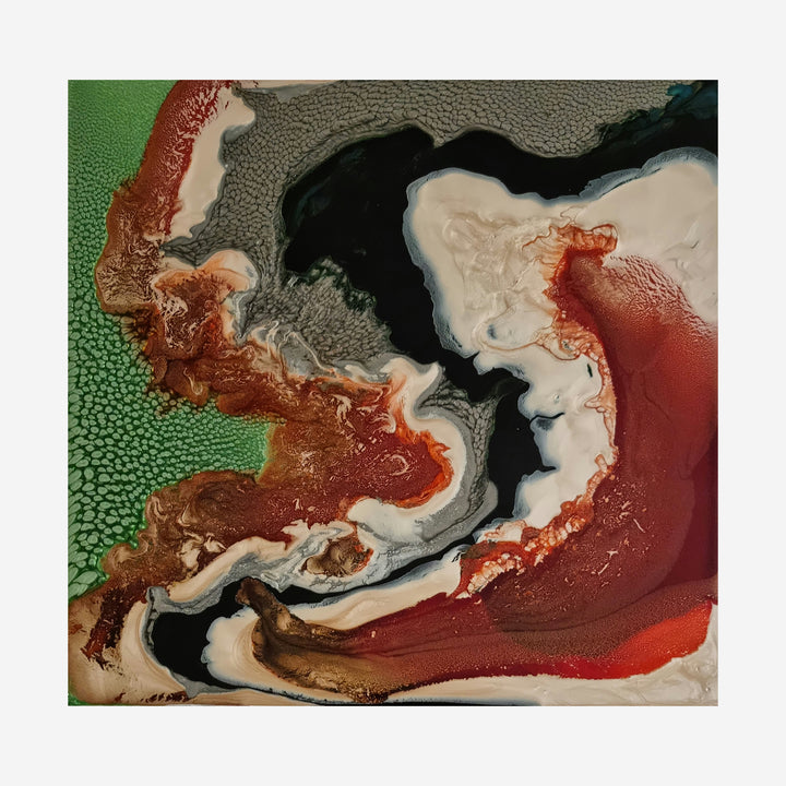 The artwork 'Study 142' by Sabrina Puppin features a dynamic abstract composition with fluid, swirling patterns in rich terra cotta red, forest green, and creamy white tones. The synthetic glazes on wood create a marbled effect with dramatic contrasts and organic textures, reminiscent of aerial landscapes or geological formations.