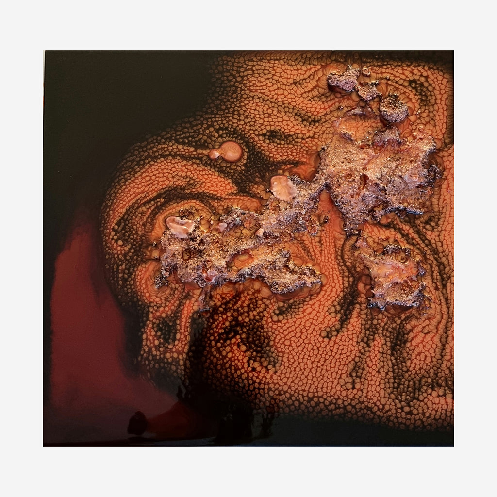 The artwork 'Study 154' features swirling abstract patterns in rich copper and bronze tones, with textured stippled effects created using synthetic glazes on wood. Dark burgundy shadows blend into a luminous orange core, creating a dynamic, fluid composition with crystalline-like formations. A 12x12 inch contemporary piece by Sabrina Puppin.