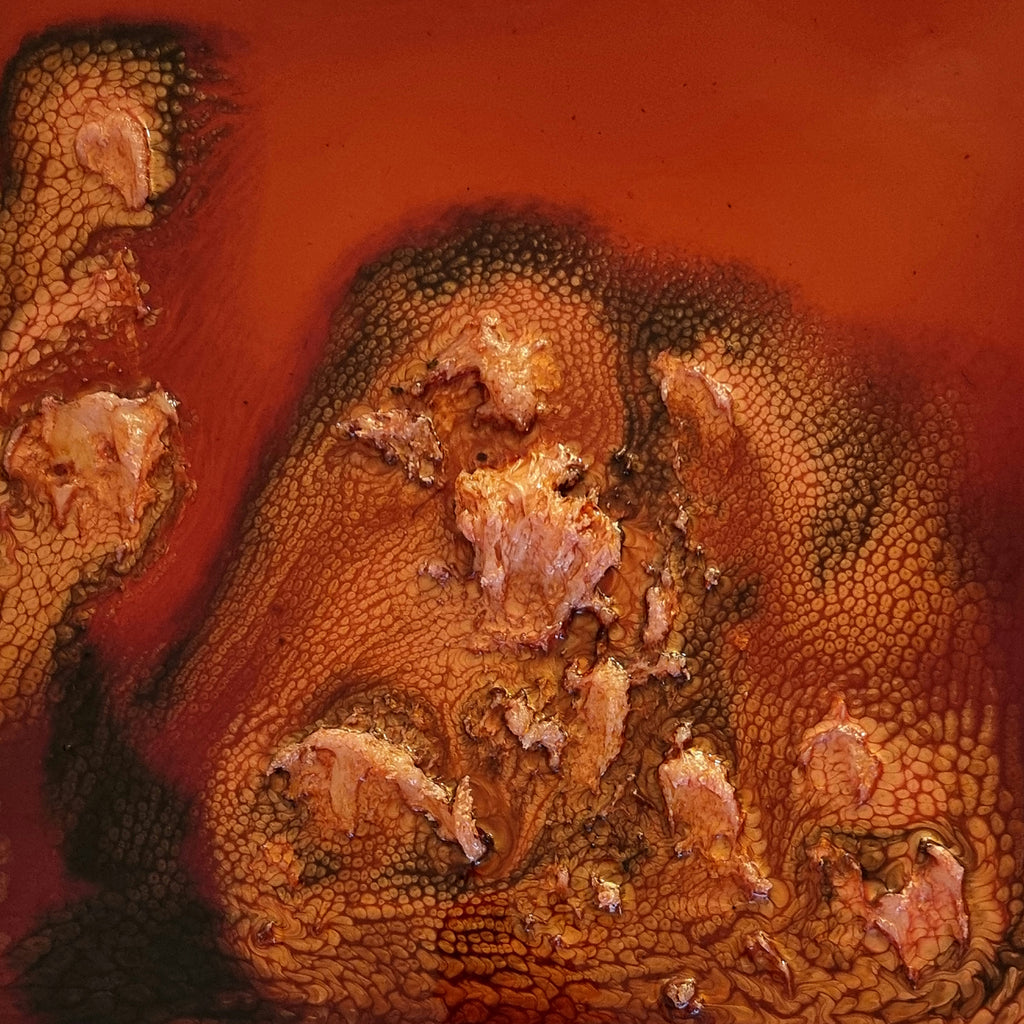 The artwork 'Study 155' by Sabrina Puppin features a rich abstract composition with textured copper and deep red tones. The synthetic glazes on wood create a volcanic-like surface with intricate crackled patterns. Crystalline formations emerge from a dark background, suggesting organic movement and geological formations. 12x12 inches. By Sabrina Puppin.