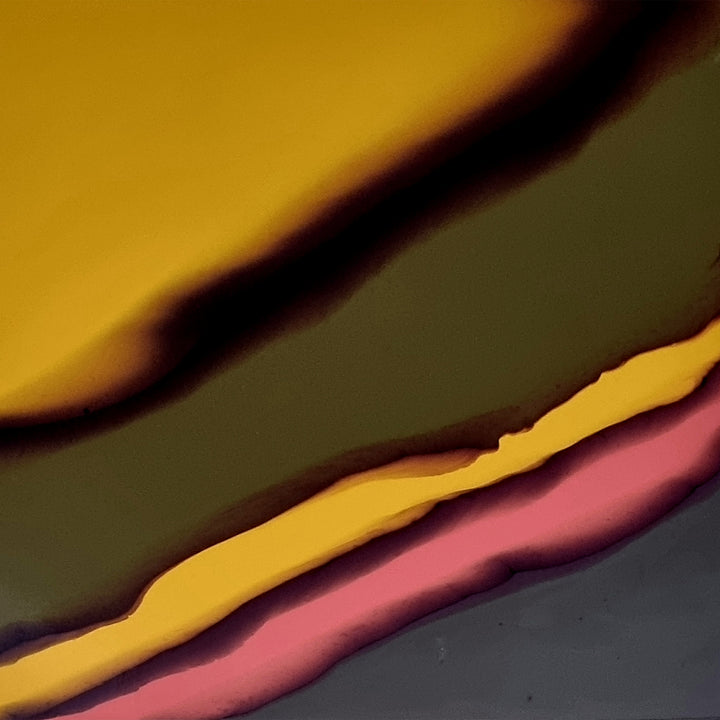 The artwork 'Study 166' by Sabrina Puppin features dynamic diagonal waves of color, combining rich golden yellow, deep olive green, and dusty rose pink in smooth, flowing lines. The synthetic glazes on wood create a glossy, liquid-like texture with sharp color transitions, expressing abstract movement across the 12x12 inch surface.