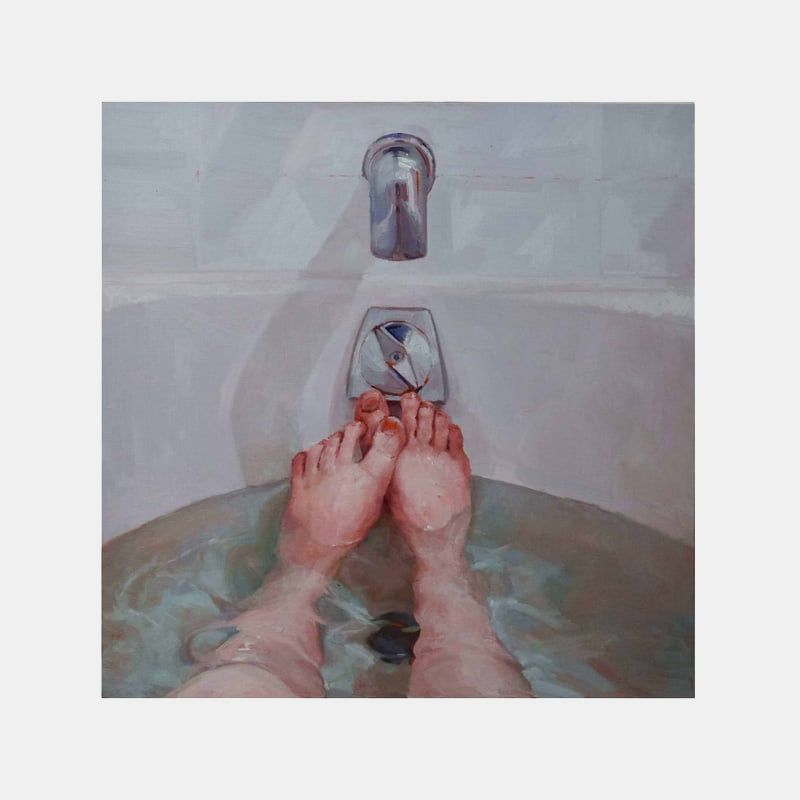 The artwork 'Submerge II' by Amy Hughes depicts feet in a bathtub, painted in soft oil tones on linen. The composition shows a first-person perspective of feet emerging from turquoise bathwater, with chrome faucet and drain visible. The painting captures intimate realism through delicate flesh tones and reflective water textures. 25x25 inches oil on linen by Amy Hughes.