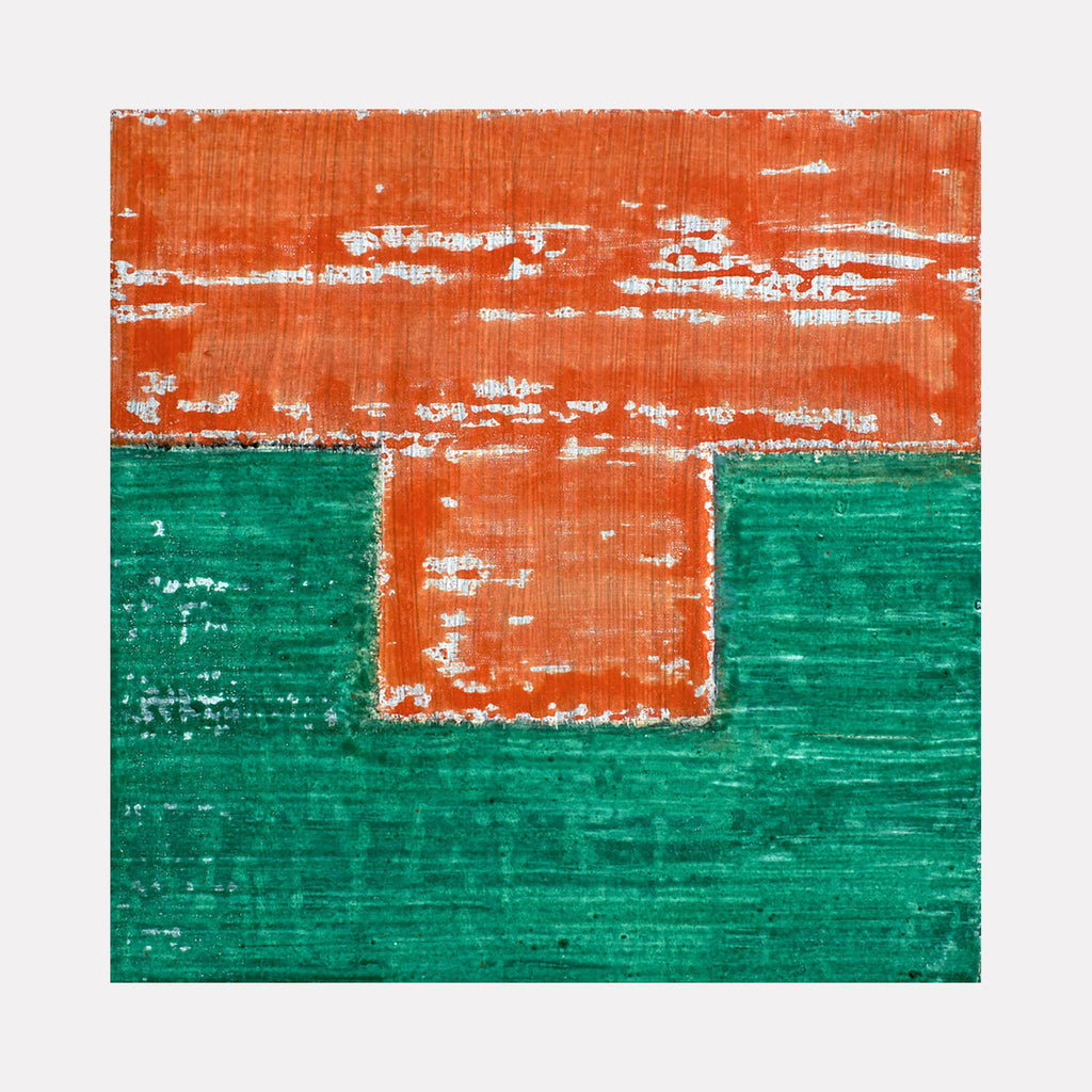 The artwork 'Moon cradling the sun' by Suejin Jo features an abstract composition with a bold orange rectangular form emerging from a vibrant emerald green background. The textured brushwork creates a weathered, organic appearance, with white striations throughout the orange upper section suggesting atmospheric movement. The 13x13 inch oil and acrylic painting displays a striking color contrast and minimalist geometric design by Suejin Jo.
